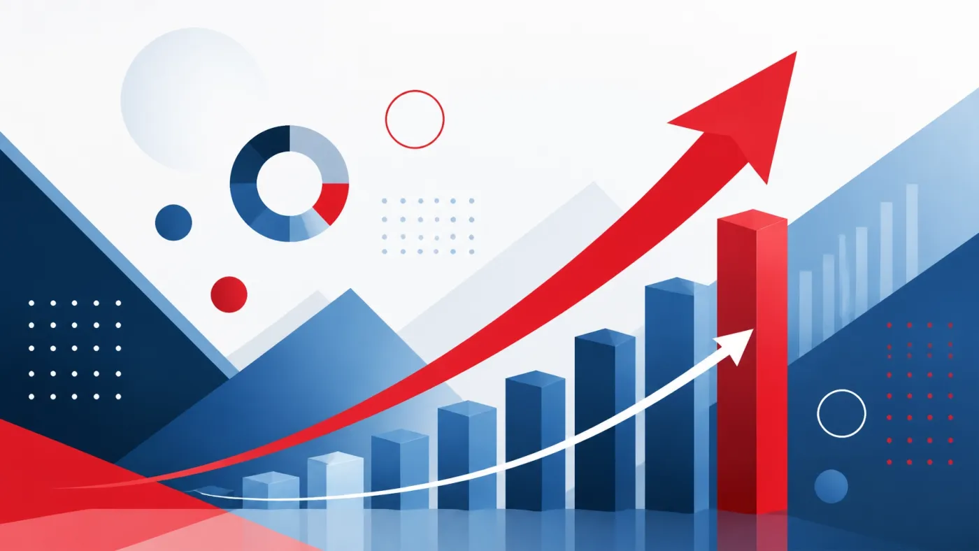 Abstract geometric upward arrows and bar charts representing ROI growth with red highlights