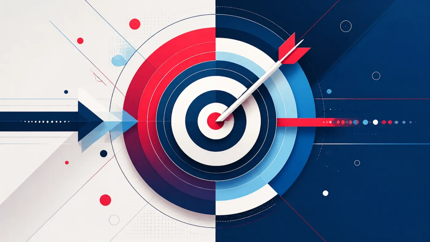 Minimalist concentric rings with a red laser point hitting the bullseye representing performance marketing