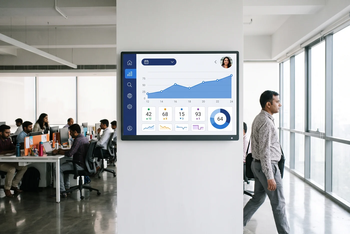A wall-mounted analytics dashboard in an open-plan office showing a rising chart, four metric cards and a completion ring, a colleague walking past it.