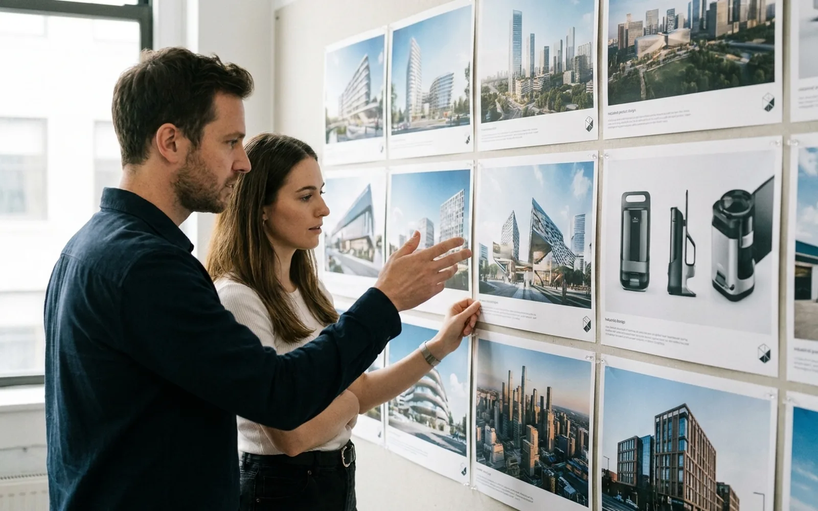 Two colleagues in a daylit studio reviewing a grid of campaign layouts pinned along a wall.