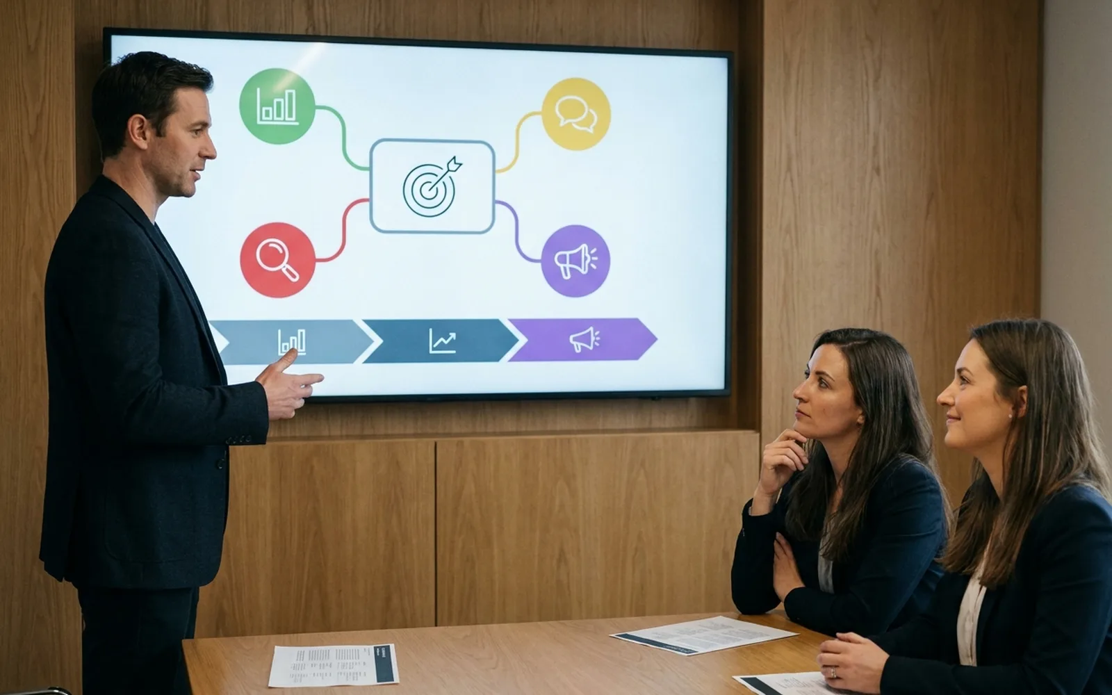A man presenting a strategy diagram on a wall-mounted screen to two colleagues seated at a meeting table.
