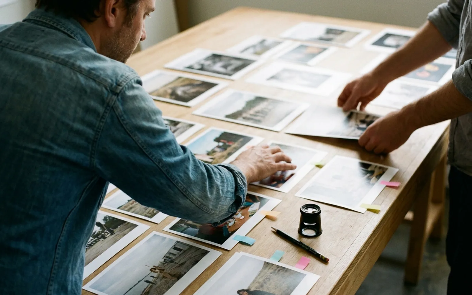 An art director and a colleague selecting from photographic prints spread across a table, with a loupe and pencil to hand.