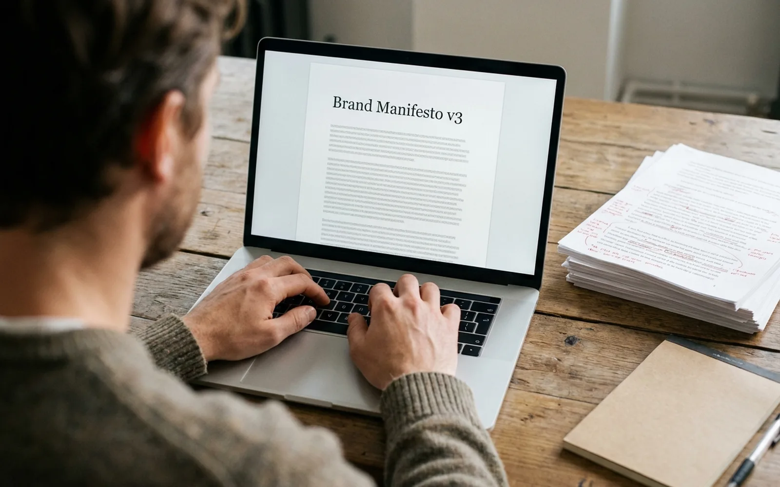 Hands typing a document on a laptop at a white desk beside a printed script page marked up in red pen.