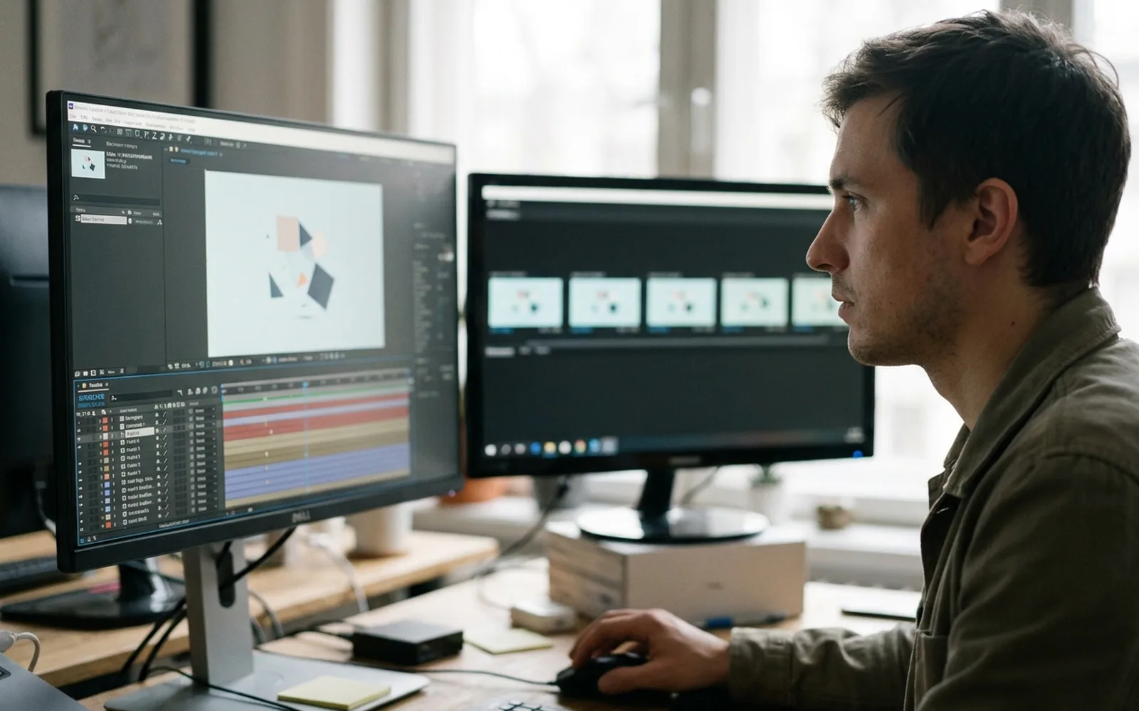 A motion designer working at dual monitors, with a layered animation timeline across the lower half of the main screen.