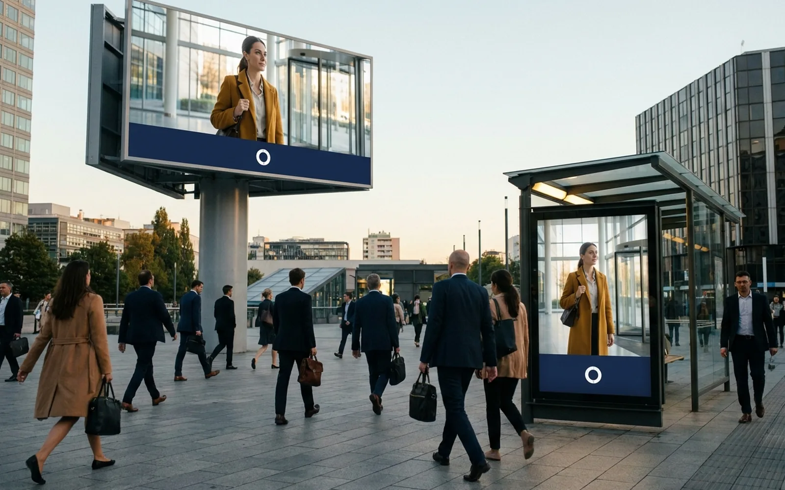 A roadside billboard and a bus-shelter poster carrying the same campaign photograph, with pedestrians walking past in daylight.