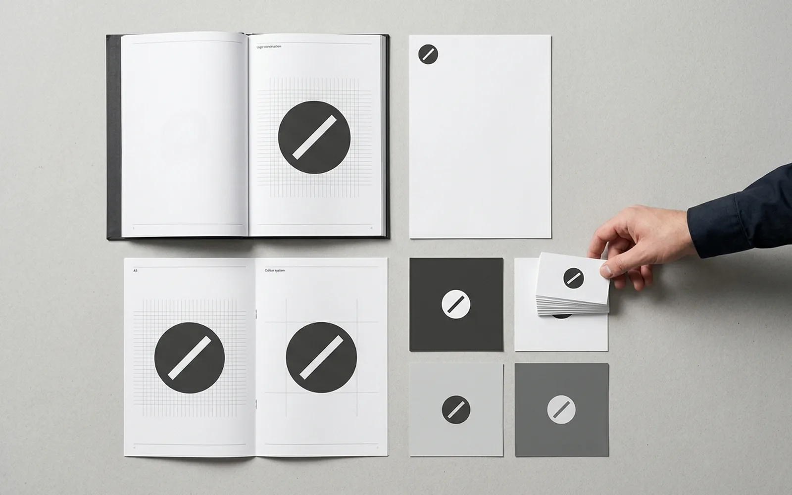 A brand identity system laid out on a studio table, with a guideline book open to a logo construction grid, a letterhead, a booklet, colour chips and business cards.