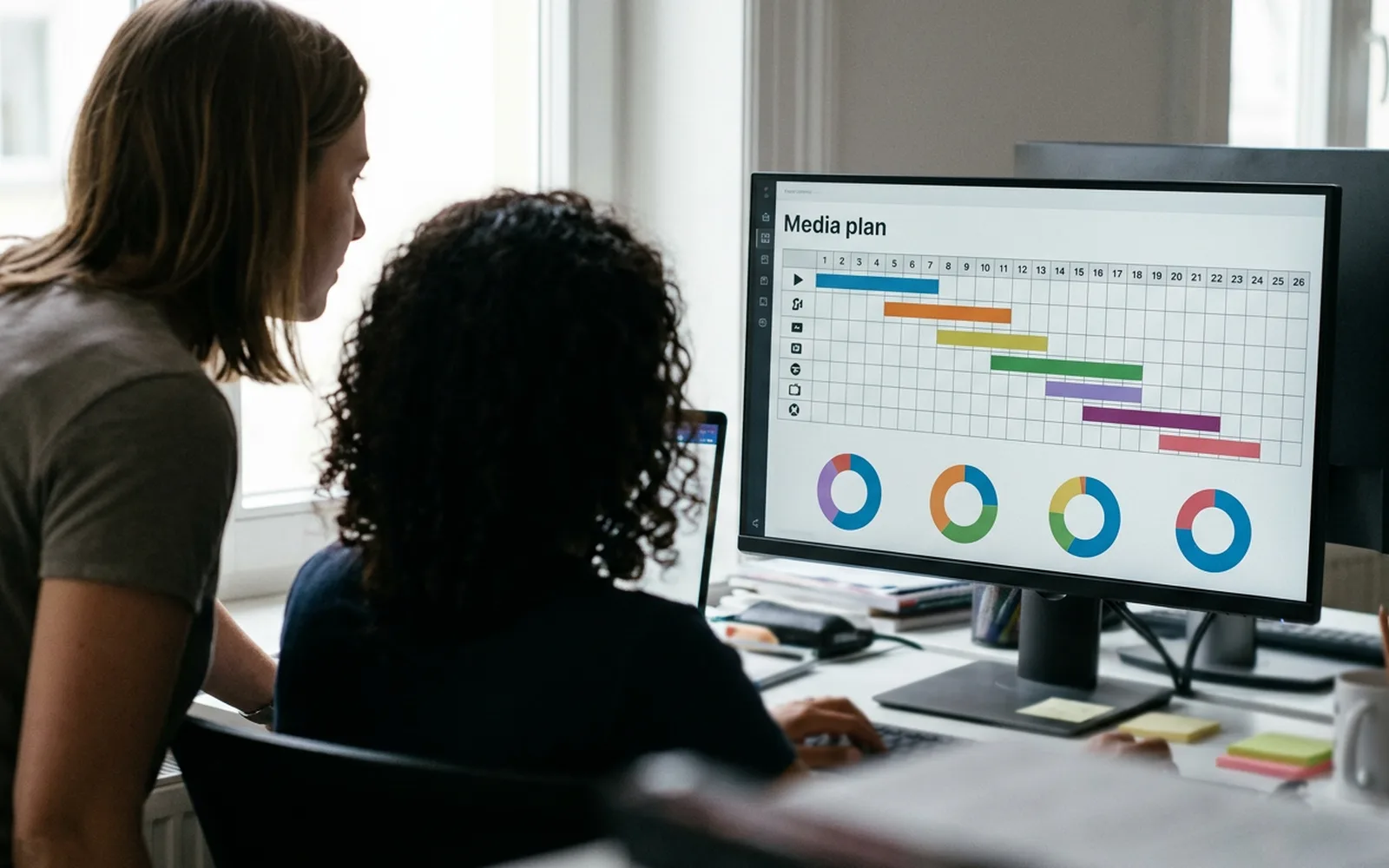 Two colleagues at a window desk reviewing a colour-coded media plan on a desktop monitor, showing a channel schedule and four budget split charts.