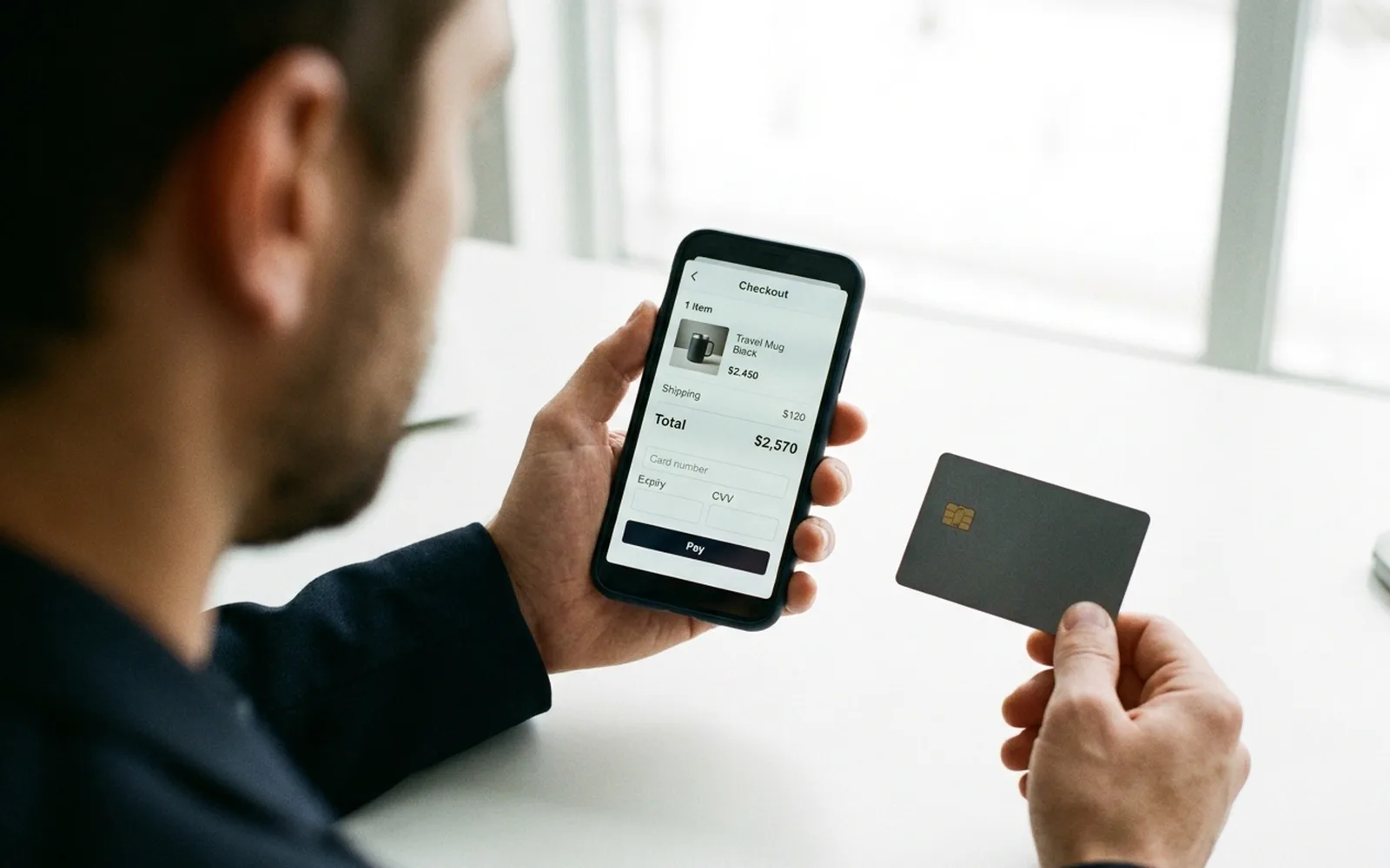 A person holding a phone showing a checkout screen with an order total, holding a plain grey chip payment card in the other hand.
