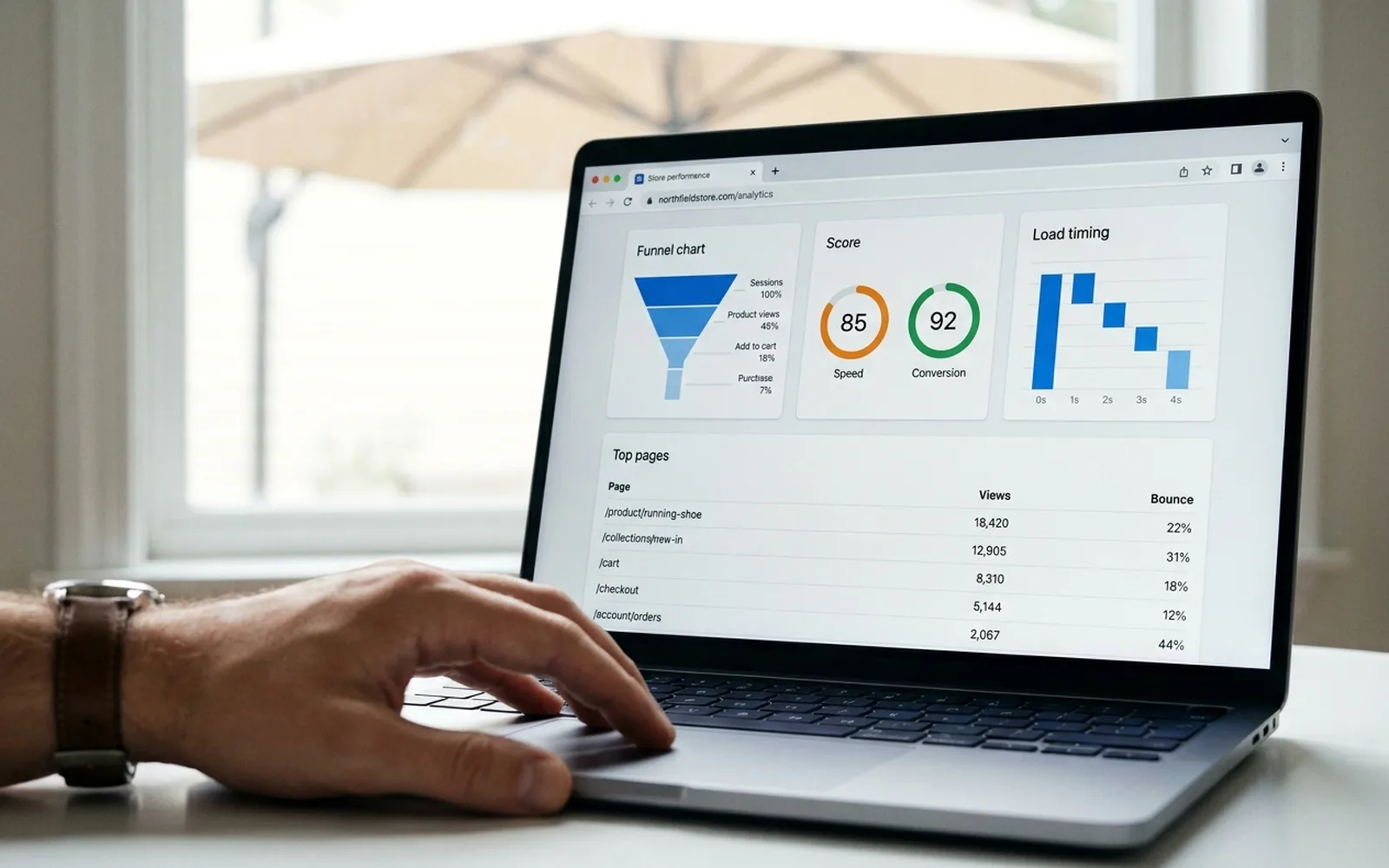 A laptop on a desk displaying a store performance dashboard with a conversion funnel and site speed scores.