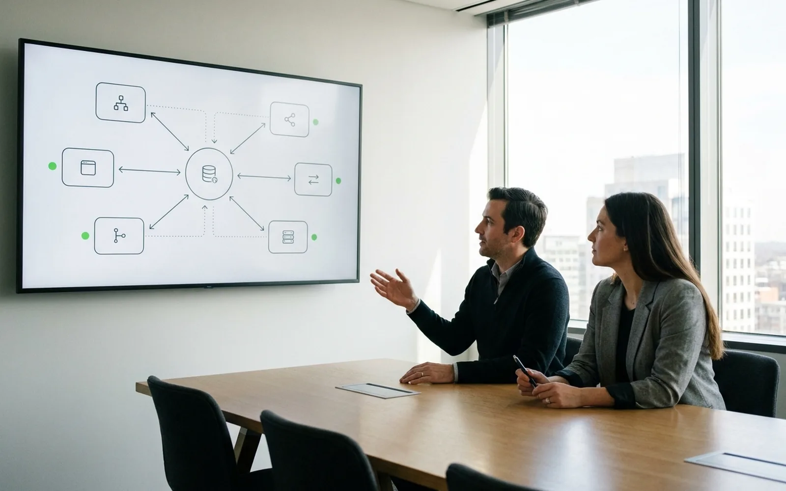 Two colleagues in a high-rise meeting room reviewing a systems architecture diagram on a wall-mounted display.