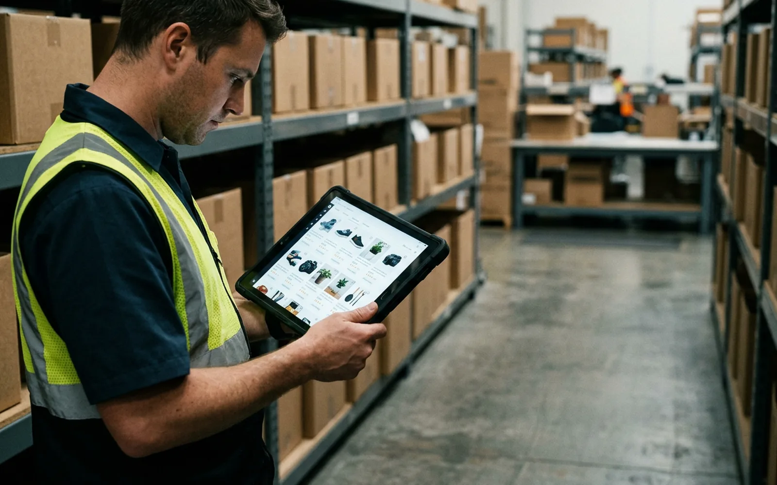 A warehouse operative in a hi-vis vest checking a product listing grid on a tablet in a racked fulfilment aisle.
