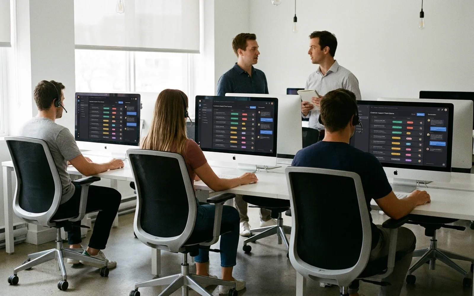 Three people wearing headsets working at desktop computers showing customer support ticket queues, with two colleagues talking behind them.