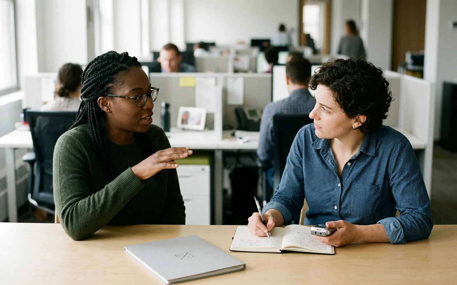 Two colleagues talking across a table in an open-plan office, one taking notes in a notebook beside a handheld voice recorder.