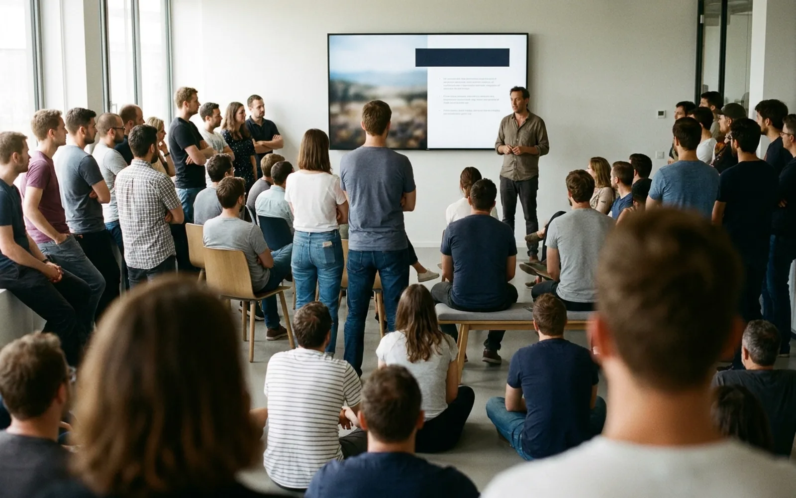 A large staff audience standing and seated in a bright office, facing a speaker beside a wall-mounted screen showing a presentation slide.