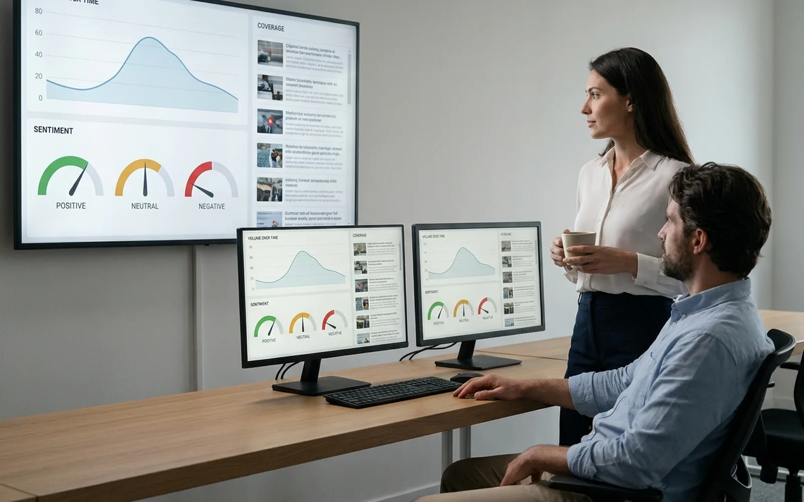 A standing woman with a coffee and a seated colleague watching a wall display and two monitors showing media volume over time, sentiment gauges and a coverage feed.