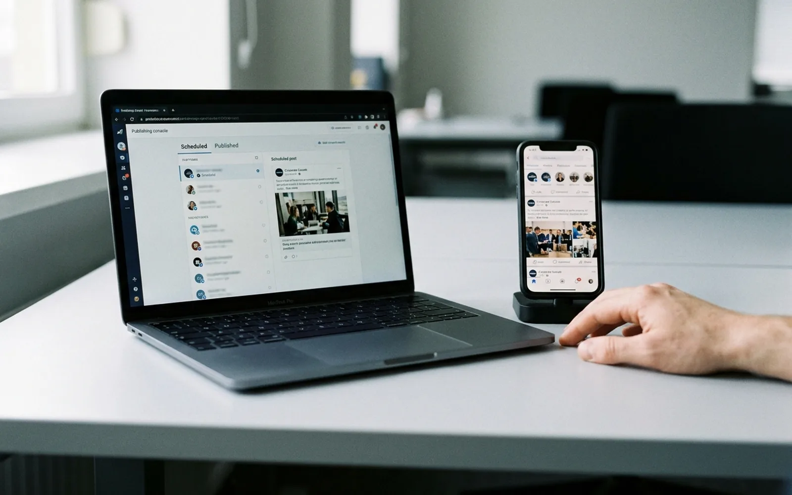 A laptop on a white desk showing a social publishing console with scheduled and published tabs, beside a docked phone displaying a social feed.