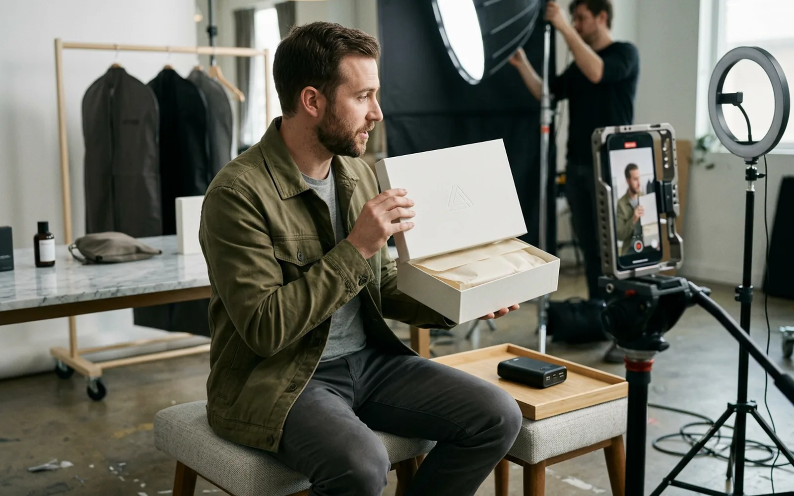 A man seated on a bench in a daylit studio opening a white product box to a phone mounted on a tripod, while a crew member adjusts a light behind him.