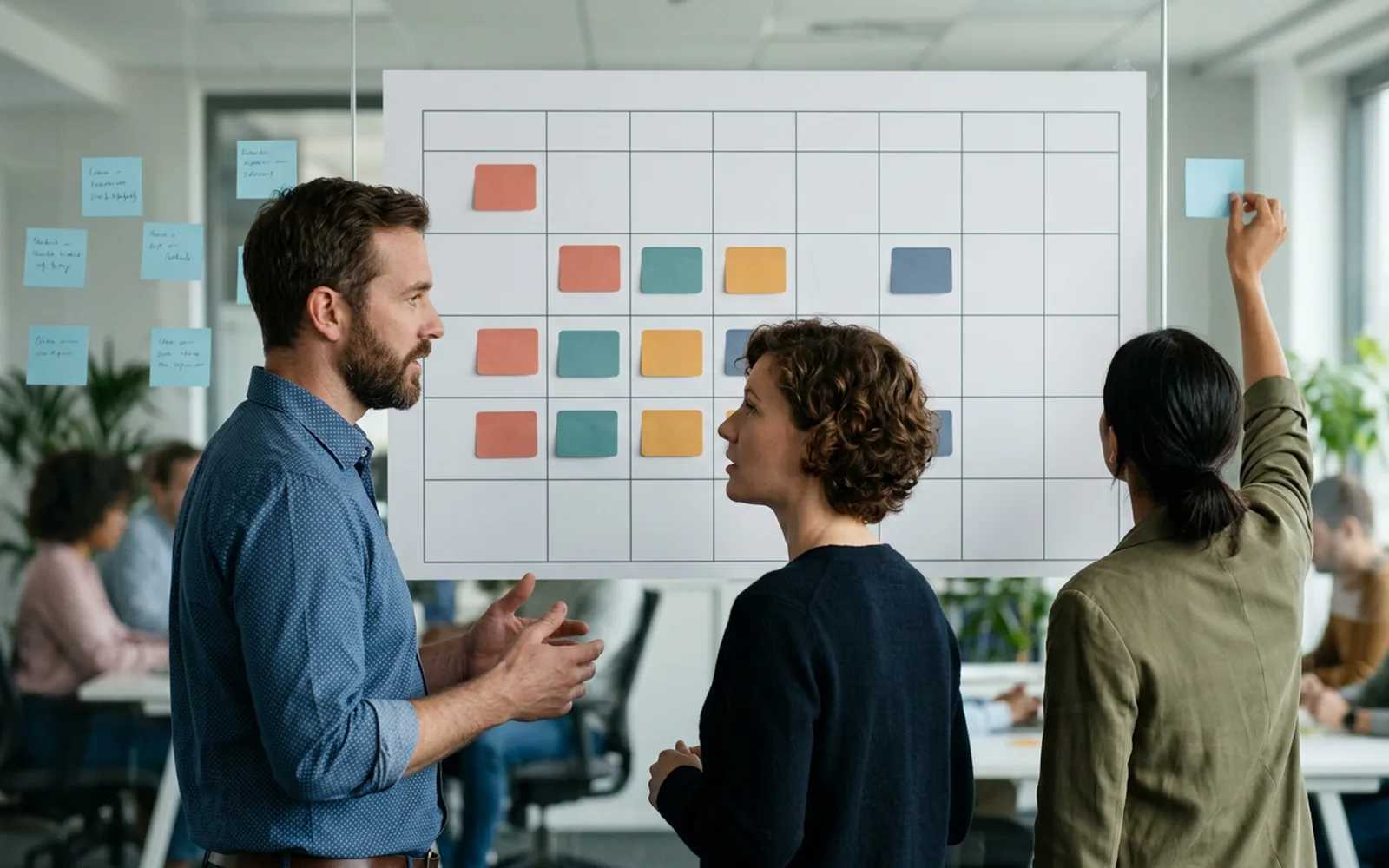 Three colleagues at a planning board in an open-plan office, arranging coloured content cards in a grid while one adds a sticky note to the glass panel beside it.
