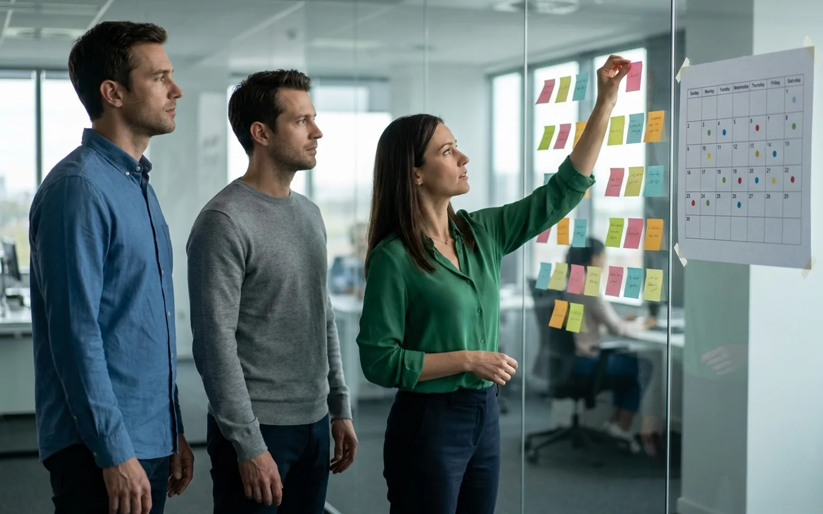 Three colleagues standing at a glass wall covered in coloured sticky notes beside a printed planning grid.