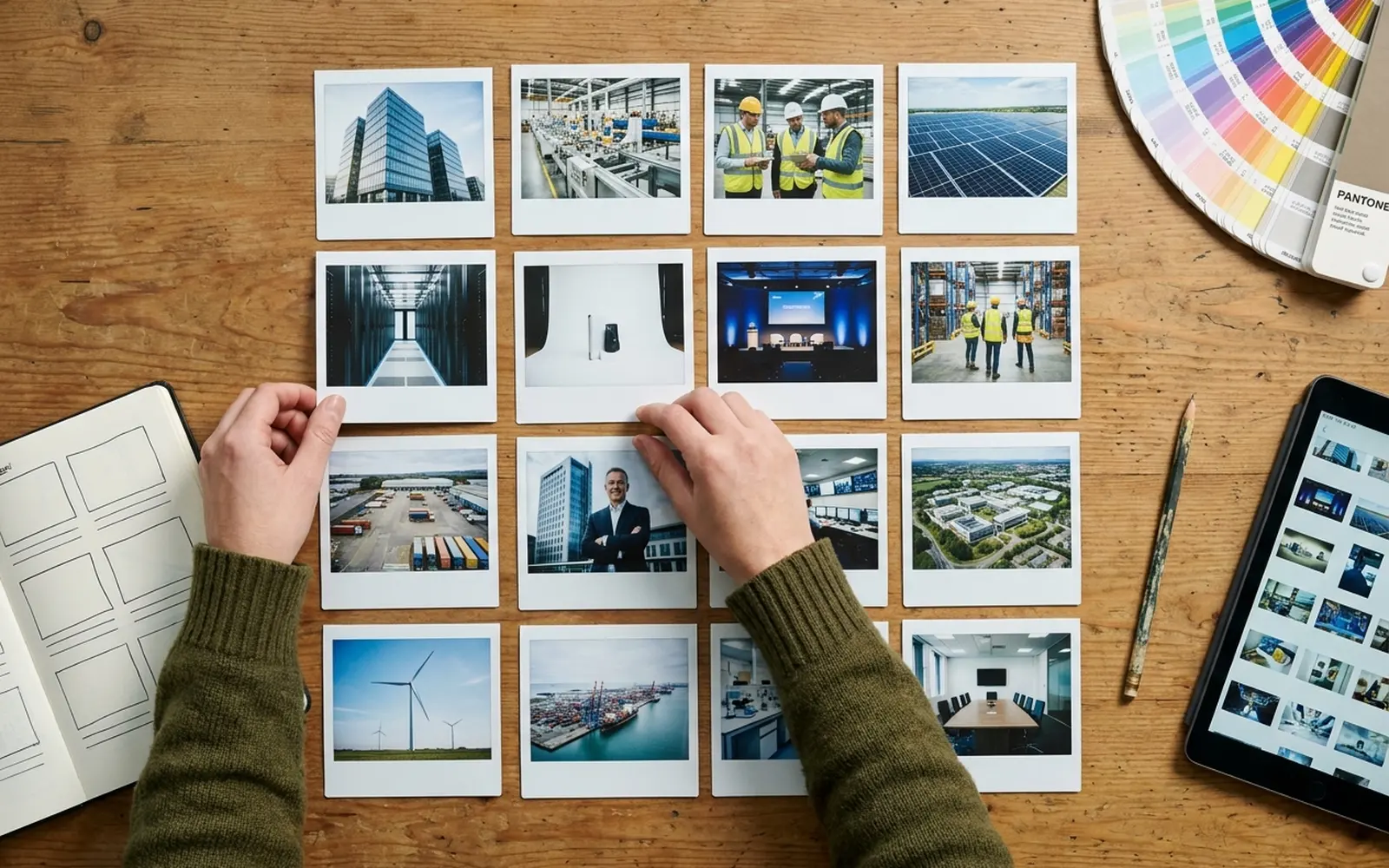 Overhead view of hands arranging photo prints on a desk beside a colour swatch fan, a tablet and a sketchpad.