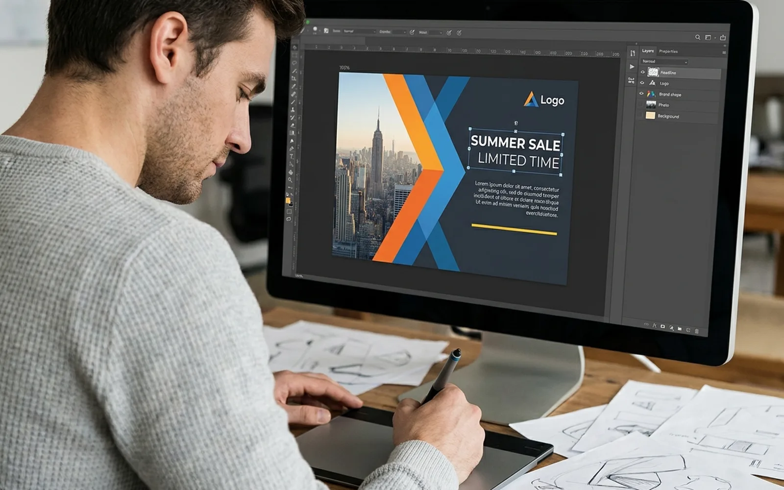 A designer using a stylus and drawing tablet to lay out a social media post on a desktop monitor.