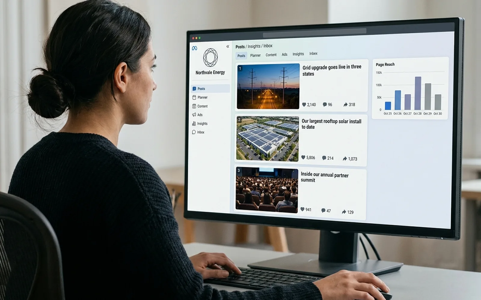 A woman at a desktop monitor working in Meta Business Suite, with scheduled Facebook posts and a page reach chart on screen.