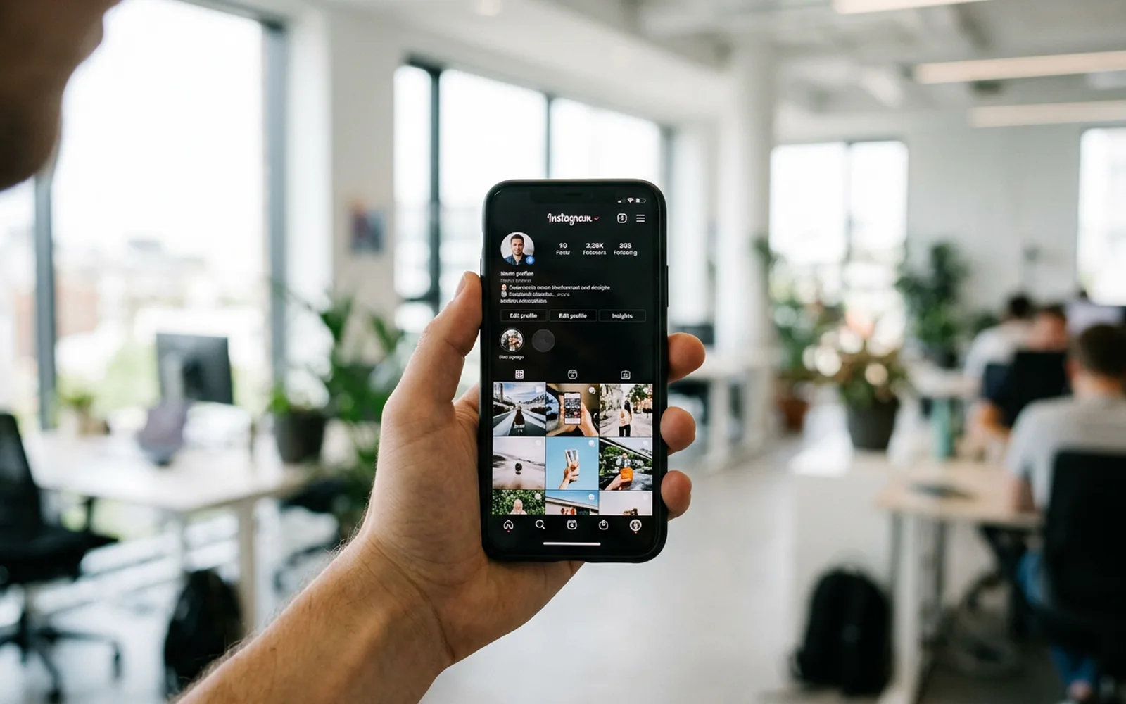 A hand holding a phone showing an Instagram business profile and post grid in an open-plan office.