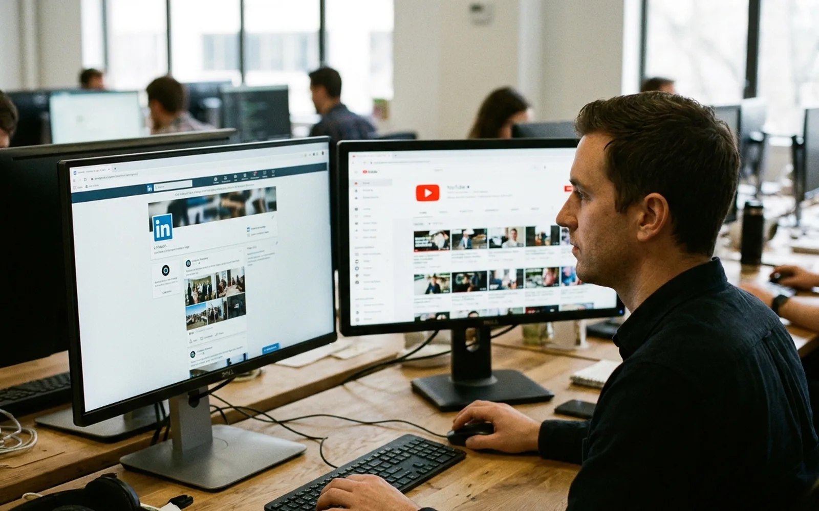 A man at a two-monitor desk with a LinkedIn company page on one screen and a YouTube channel on the other.