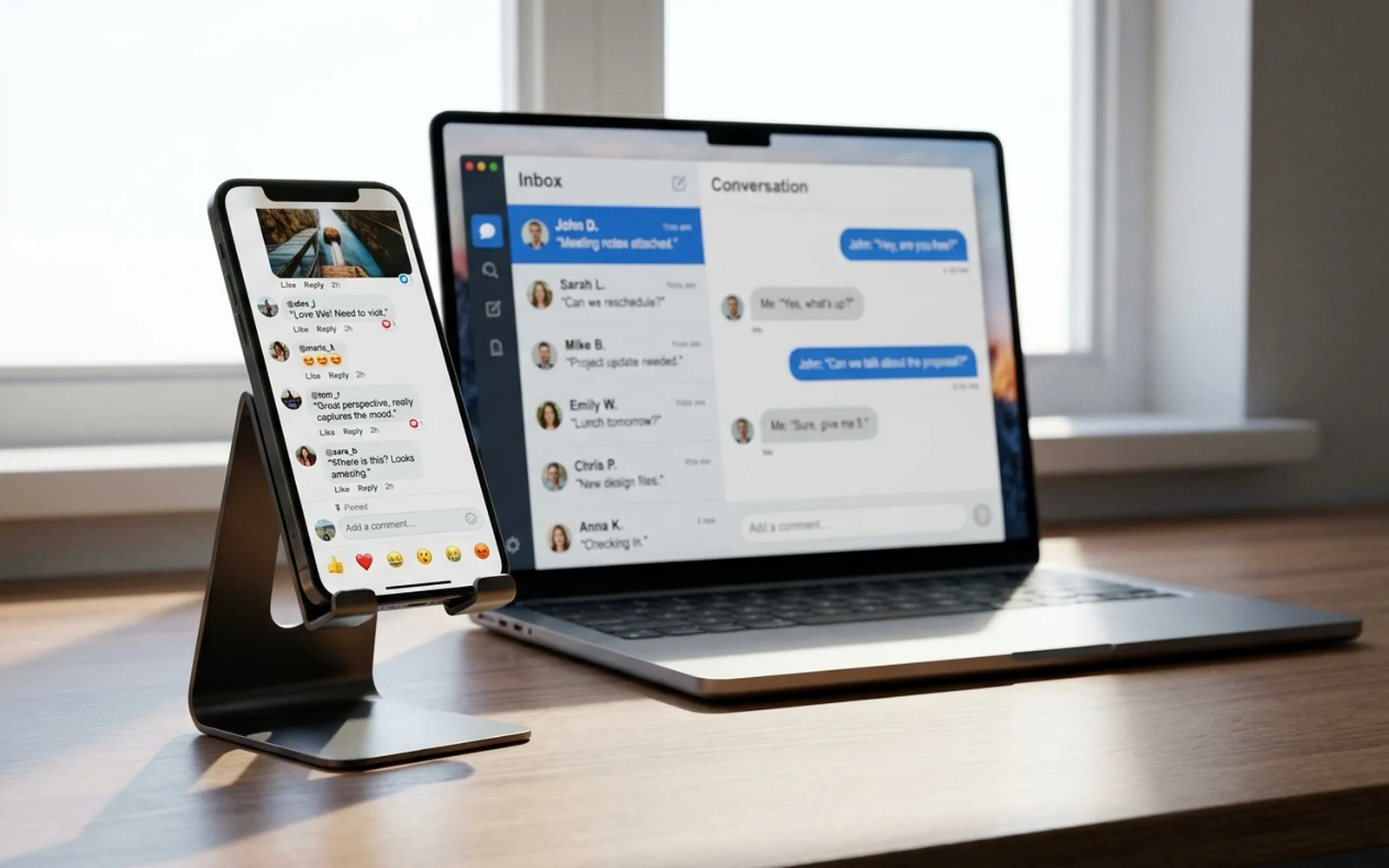 A hand pointing at comments on a phone beside a laptop showing a social media message inbox.