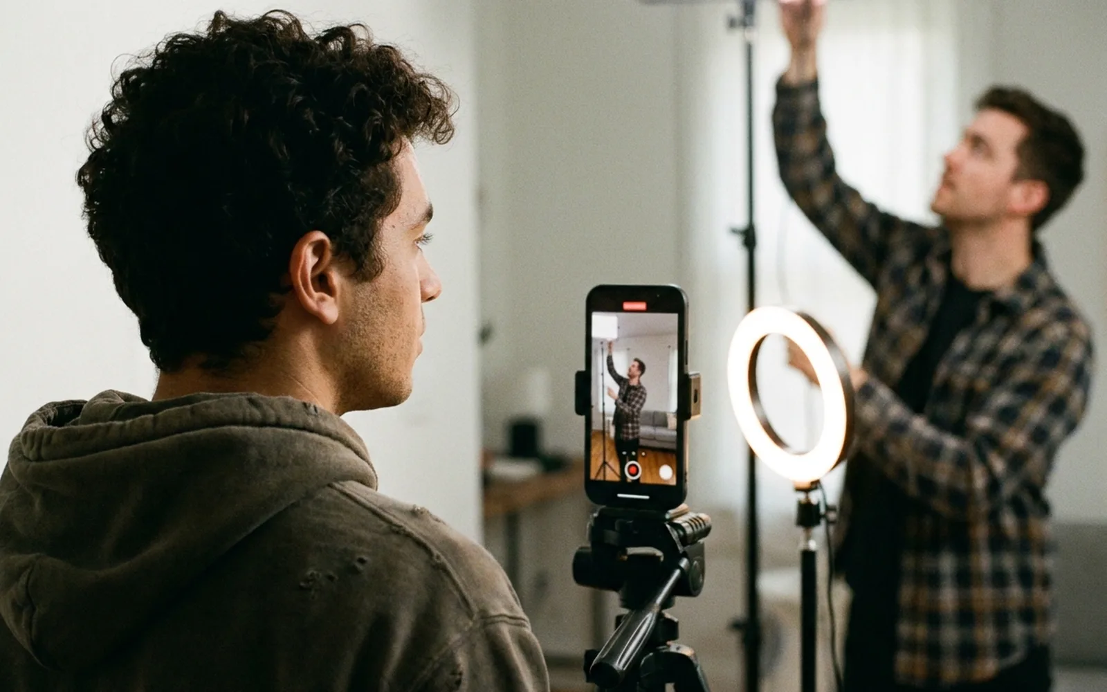 A phone on a tripod recording a creator in a bright studio while a colleague adjusts a light.