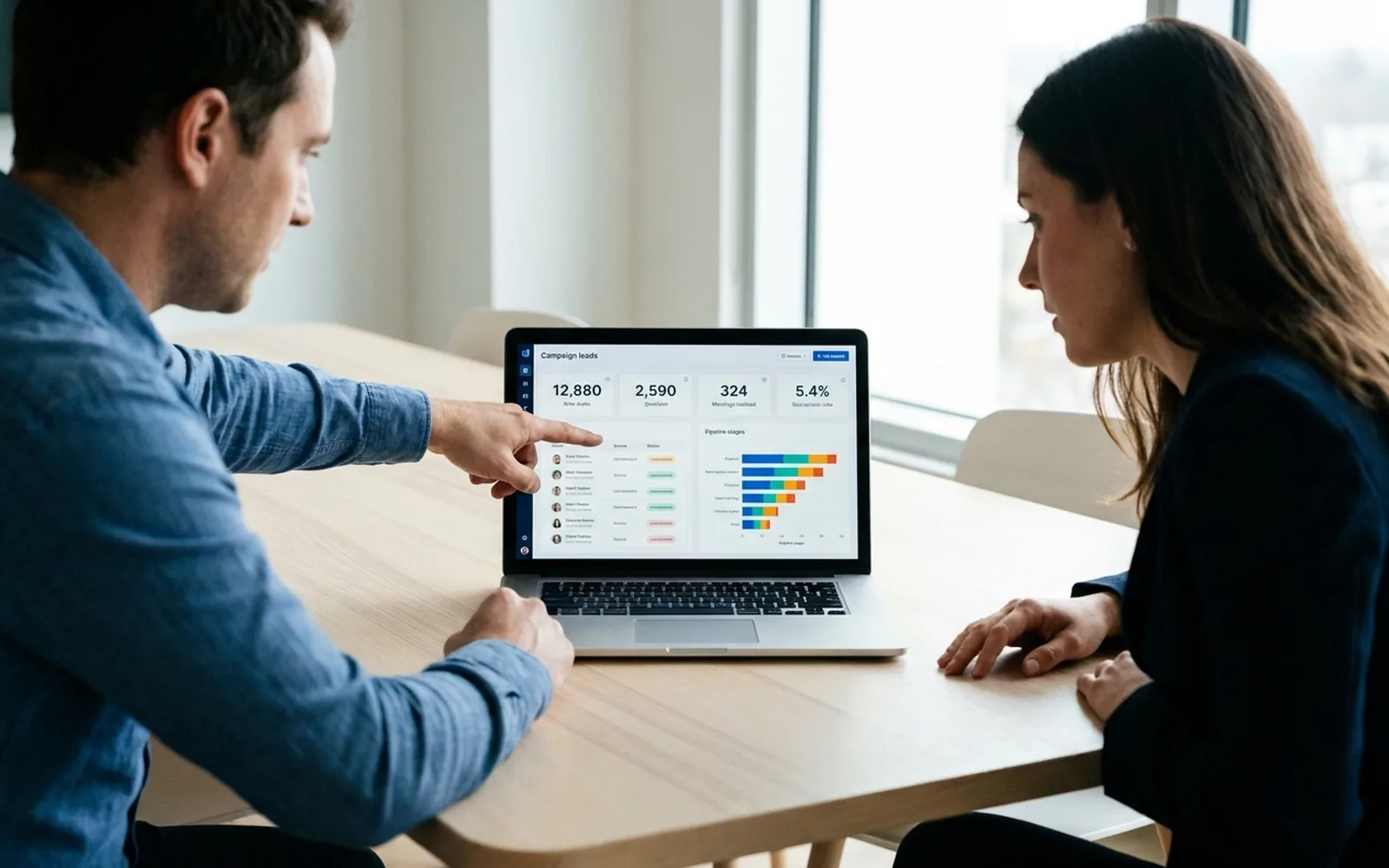 Two colleagues in a meeting room reviewing a campaign leads dashboard on a laptop.