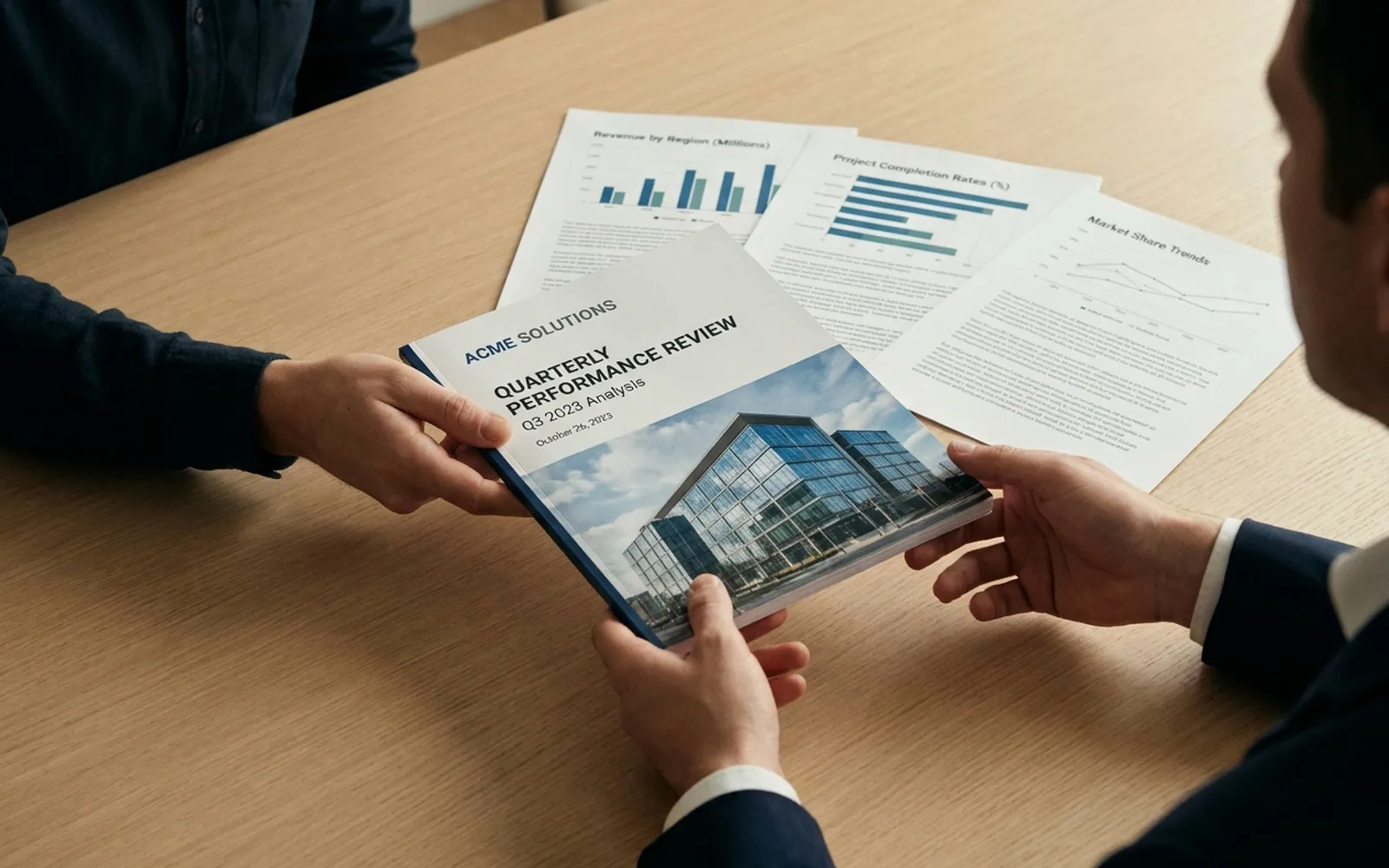 Two people passing a plain white report across a light oak table, the cover blank except for an empty ruled rectangle, with printed bar charts alongside.
