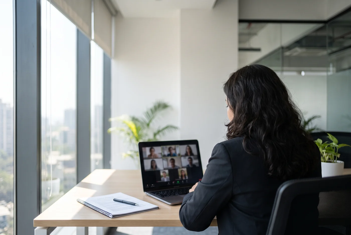 A woman at her desk on a video call with the rest of the team tiled across her laptop screen, a printed page beside her.