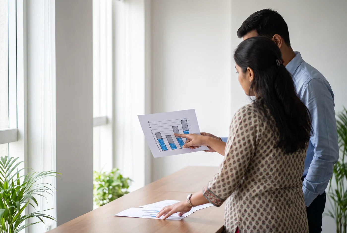 A colleague pointing at a printed bar chart while another leans in to follow her explanation.