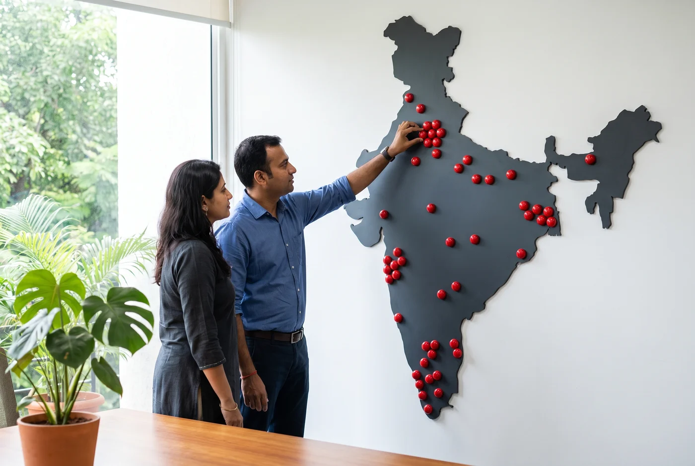 Two colleagues at a wall map of India studded with location markers clustered around the major cities, one pressing a marker into place.
