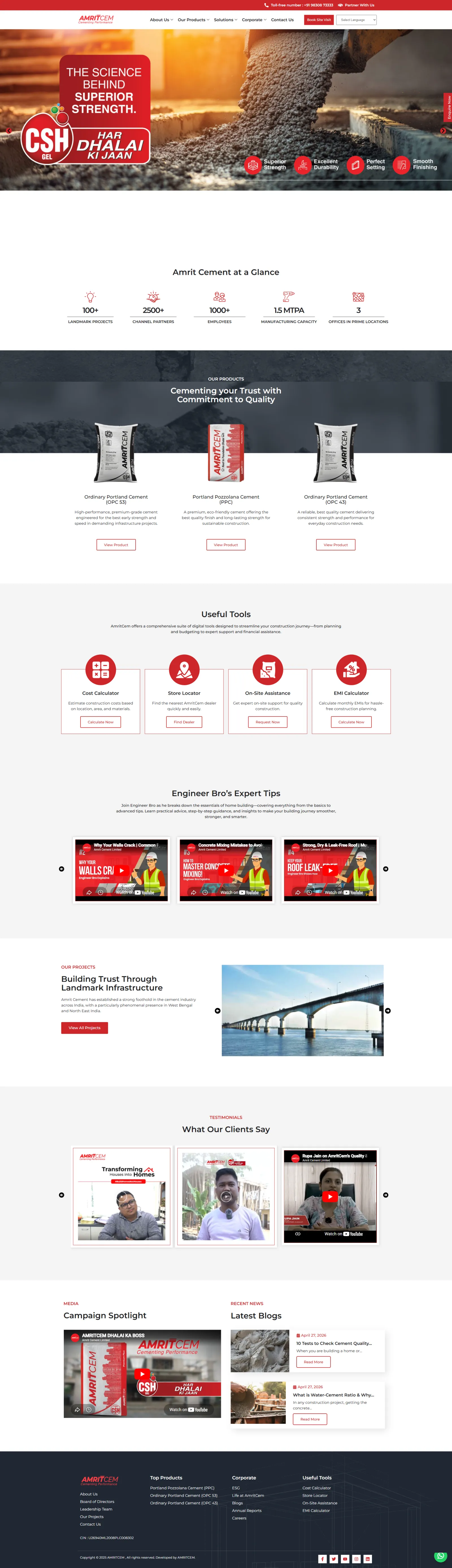 The full scroll of the rebuilt amritcement.com, from the hero through product ranges, dealer information and contact