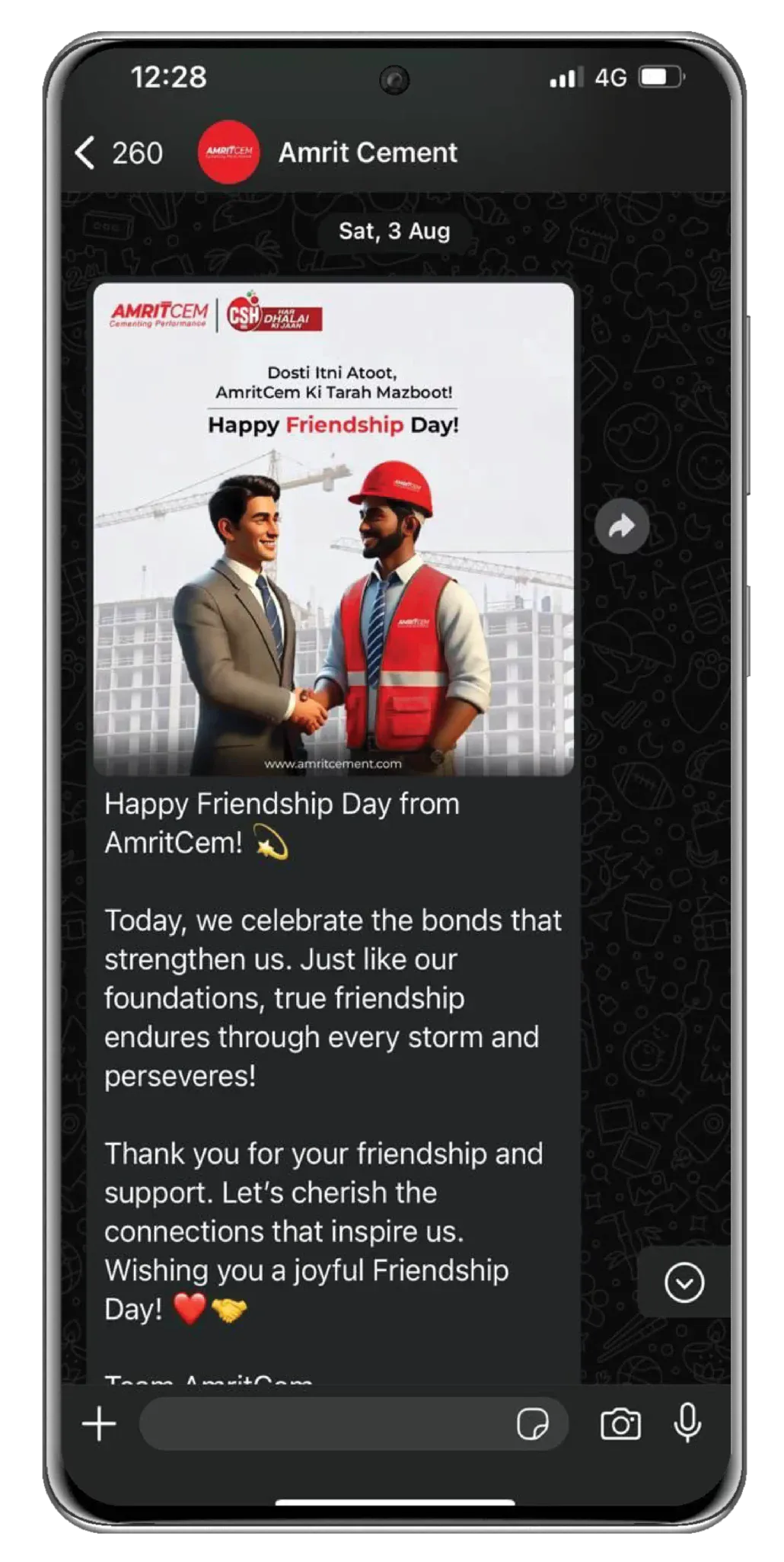 A WhatsApp broadcast from Amrit Cement wishing dealers a happy Friendship Day