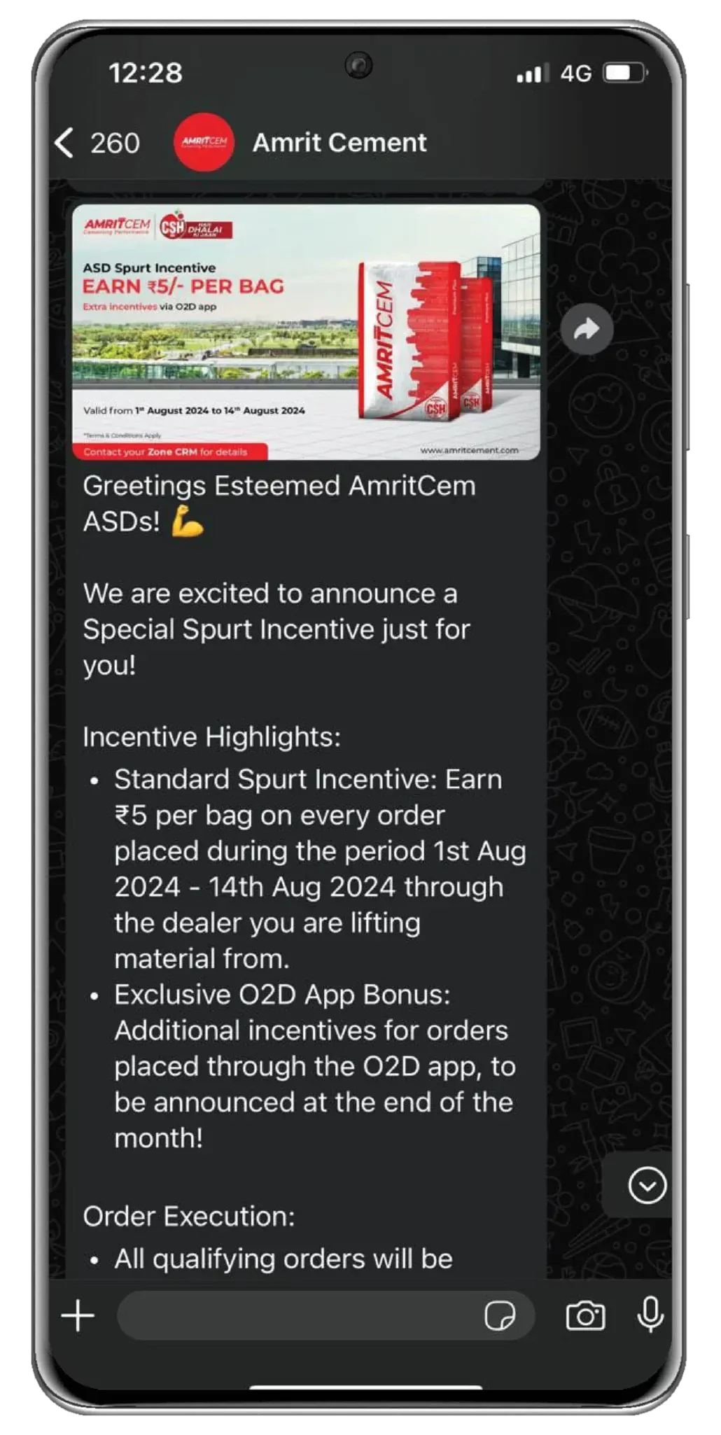 A WhatsApp broadcast setting out a special spot-incentive scheme for dealers