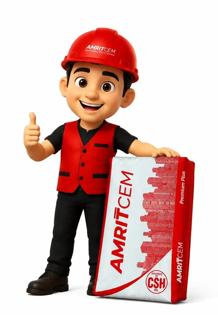 Joe, the Amrit Cement mascot: a site worker in a red hard hat and gilet, giving a thumbs up beside a cement bag