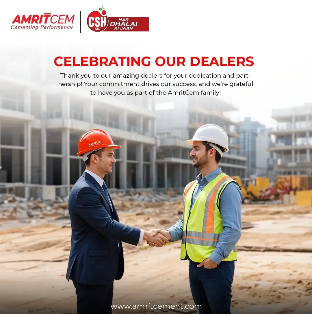 Social post celebrating the dealer network, two men shaking hands on a construction site