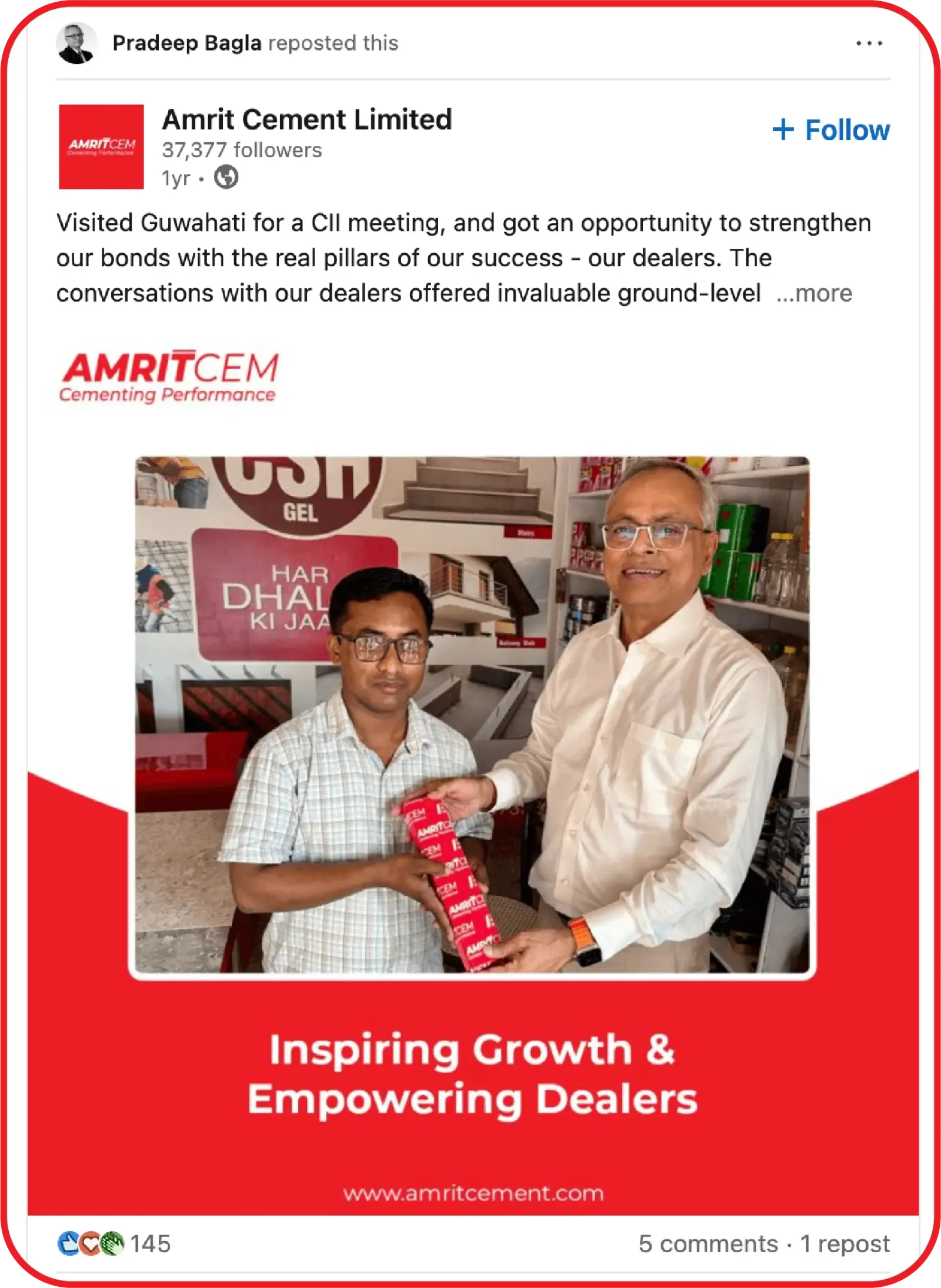 A LinkedIn post from Amrit Cement Limited on inspiring growth and empowering dealers