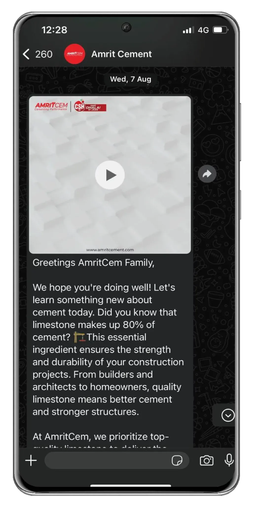A WhatsApp broadcast carrying a video message to the AmritCem family