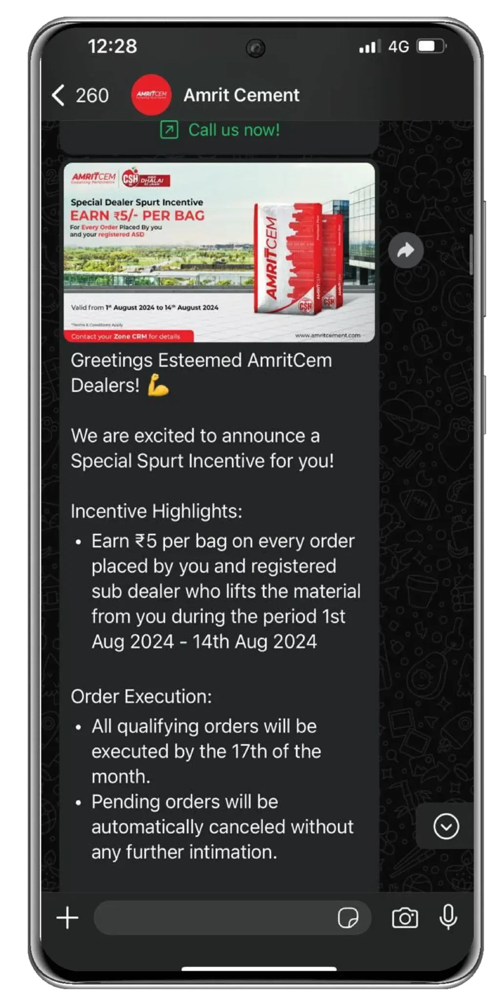 A WhatsApp broadcast detailing incentive tiers and order execution terms