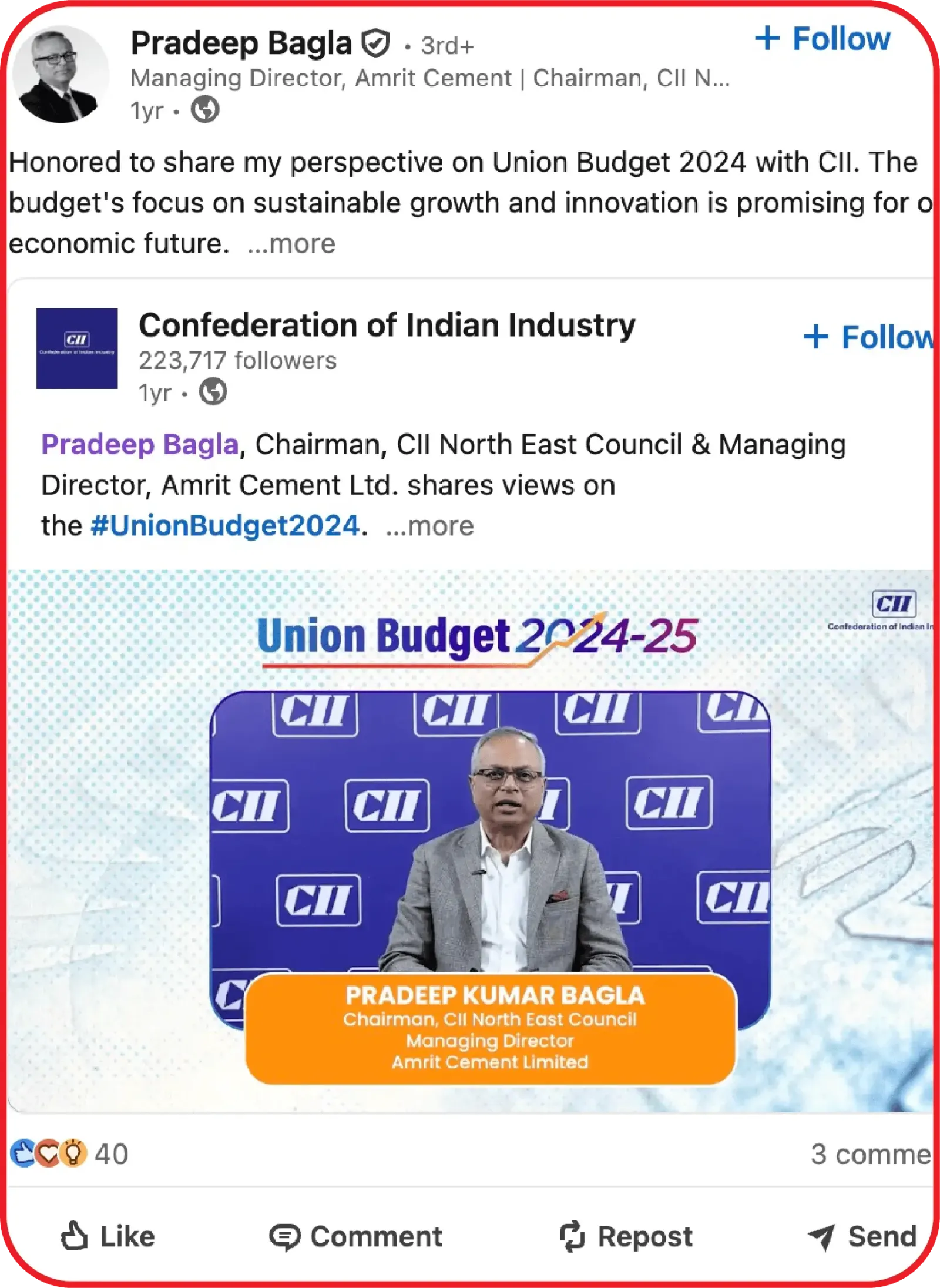 A LinkedIn post on the Union Budget 2024-25 and sustainable growth, carrying a CII panel still