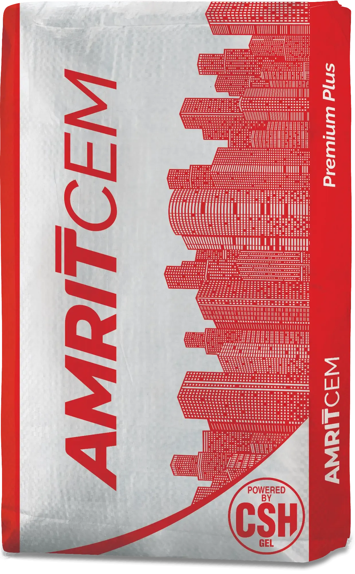 An AmritCem Premium Plus cement bag, the red skyline graphic across the front