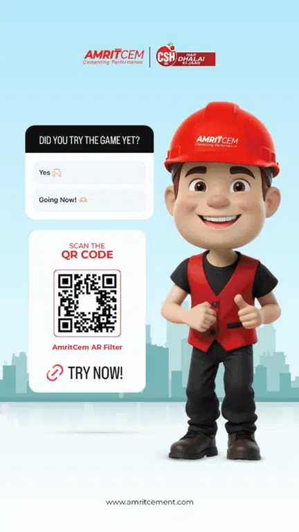 The AmritCem Instagram AR game: Joe the mascot, a QR code to launch the filter, a player posing with a cutout, and a high score of 11,517 shared with the hashtag DhalaiKaChampion
