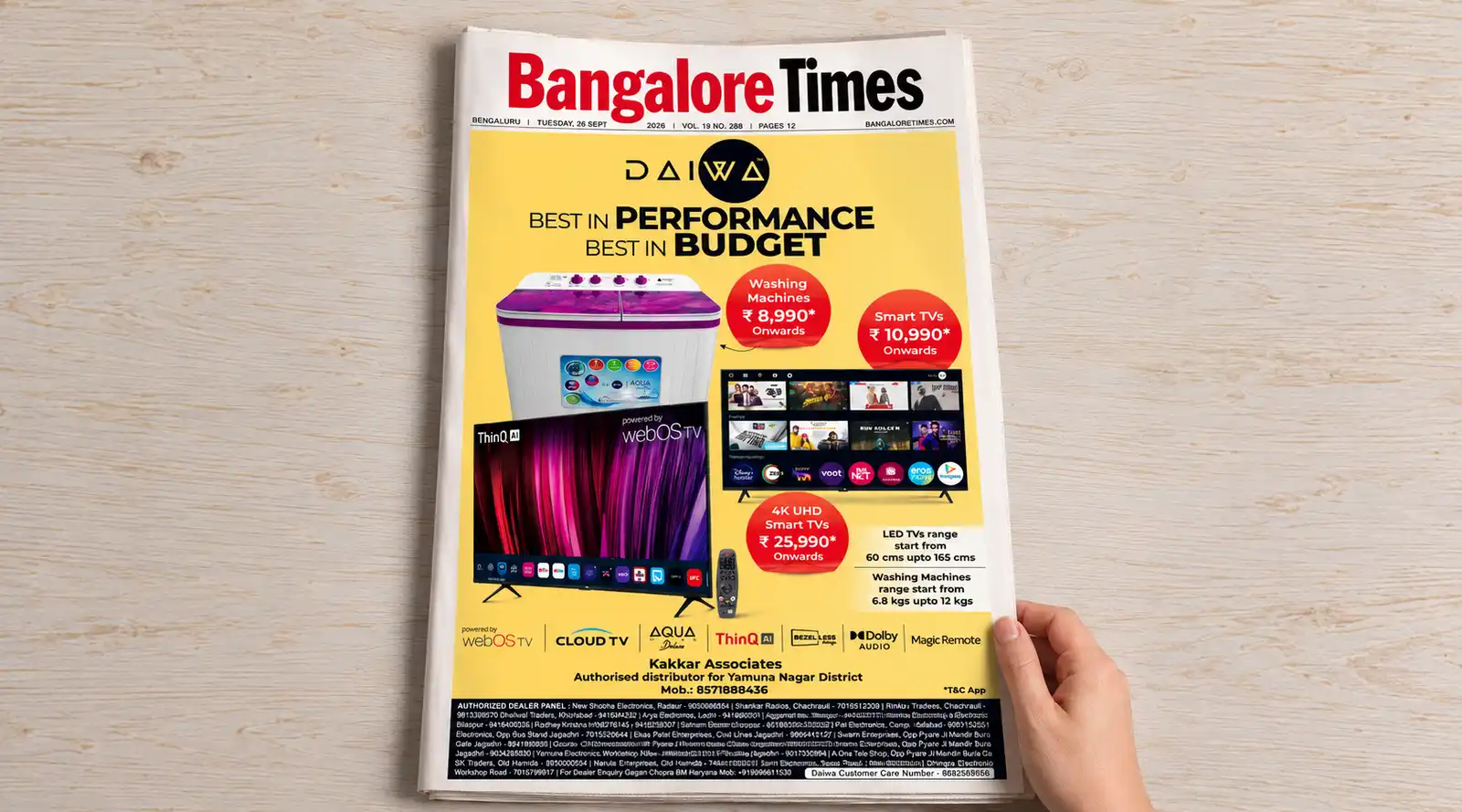 Daiwa newspaper advertisement in the Bangalore Times, featuring smart TVs and washing machines