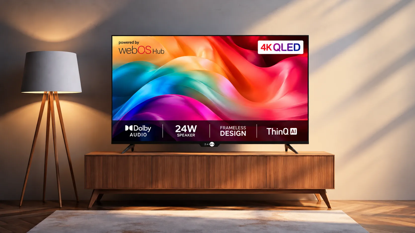 A Daiwa 4K QLED webOS TV on a wooden console in a warmly lit living room