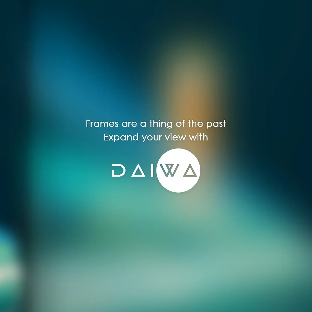 Blurred teal background with the Daiwa logo under the line 'Frames are a thing of the past, expand your view with'