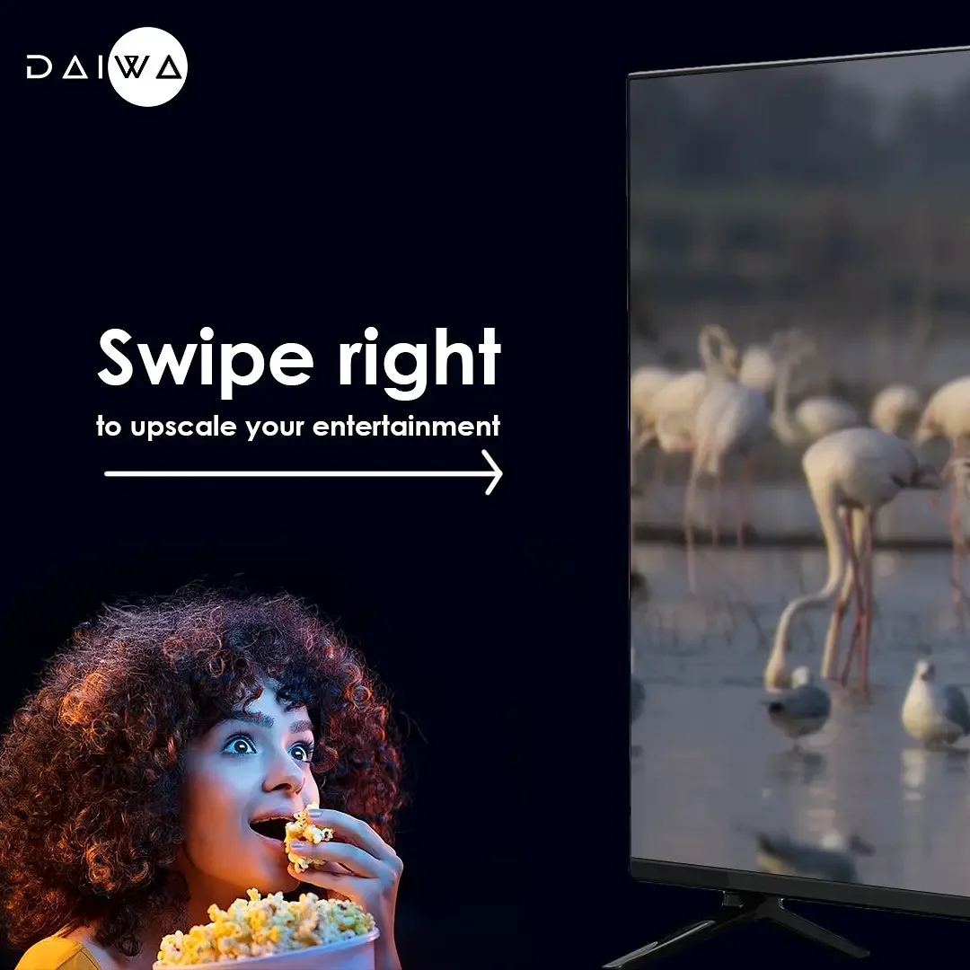 Woman eating popcorn beside a TV showing flamingos, with 'Swipe right to upscale your entertainment' and an arrow